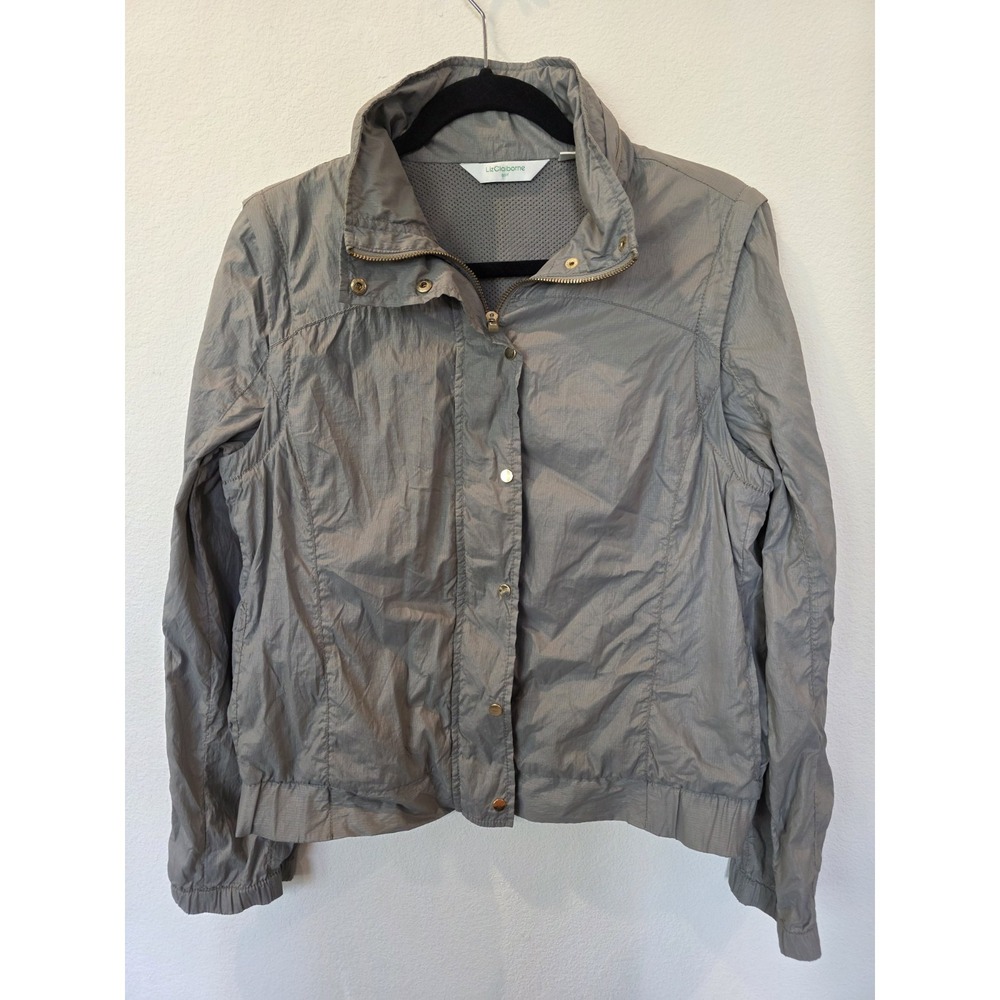 VTG Liz Claiborne Golf Convertible Jacket Womens Grey Sz M Vest Hidden Hood Chic